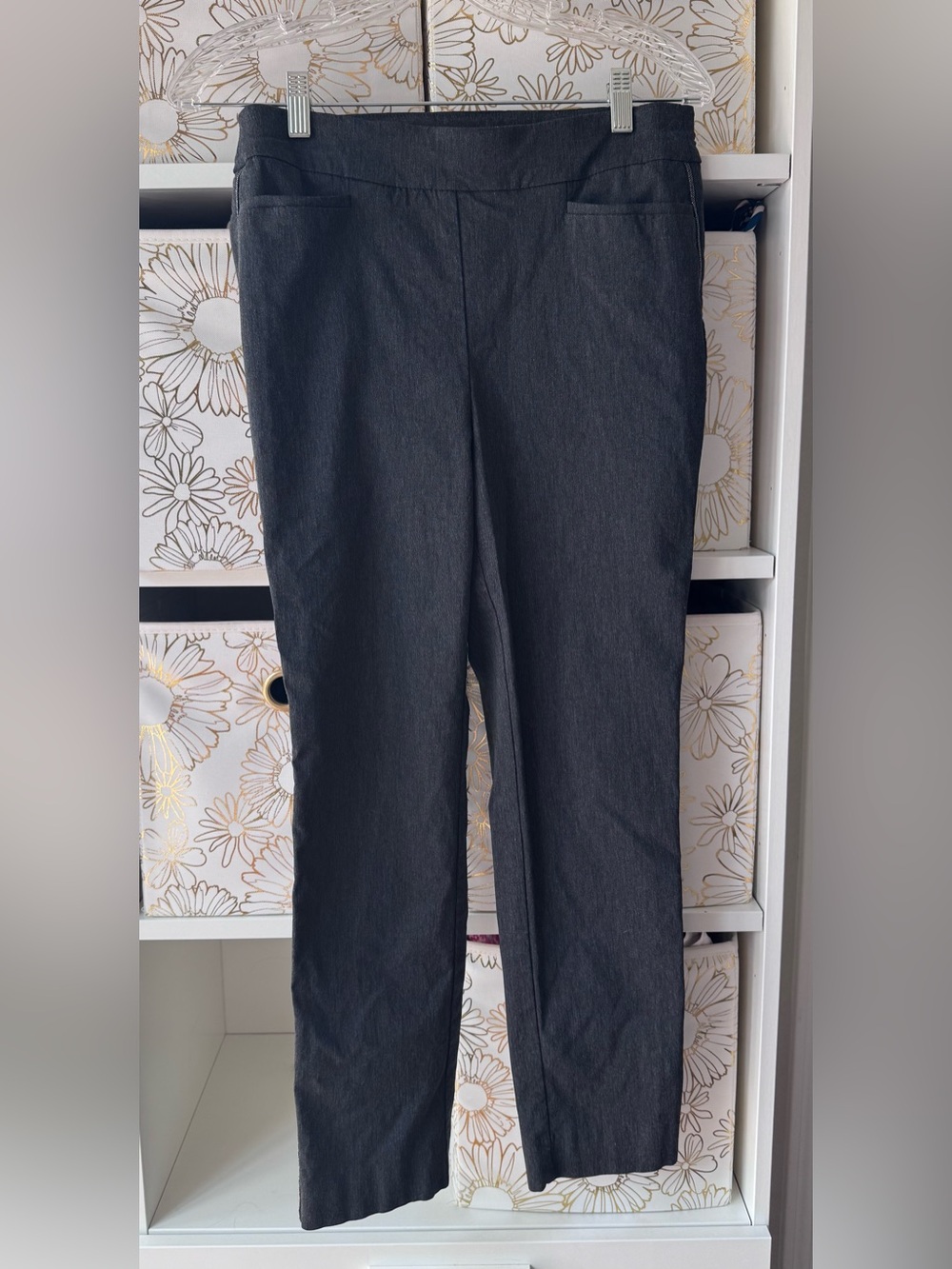 Chico’s Straight Leg Slate Gray Pants with Slim Sequin Tuxedo Strip (0R/4-6)